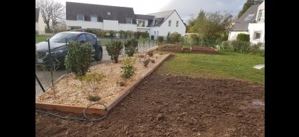 Massif plantes de terre de bruyère avec paillage bois naturel sur vannes 56 Massif plantes de terre de bruyère avec paillage bois naturel sur vannes 56